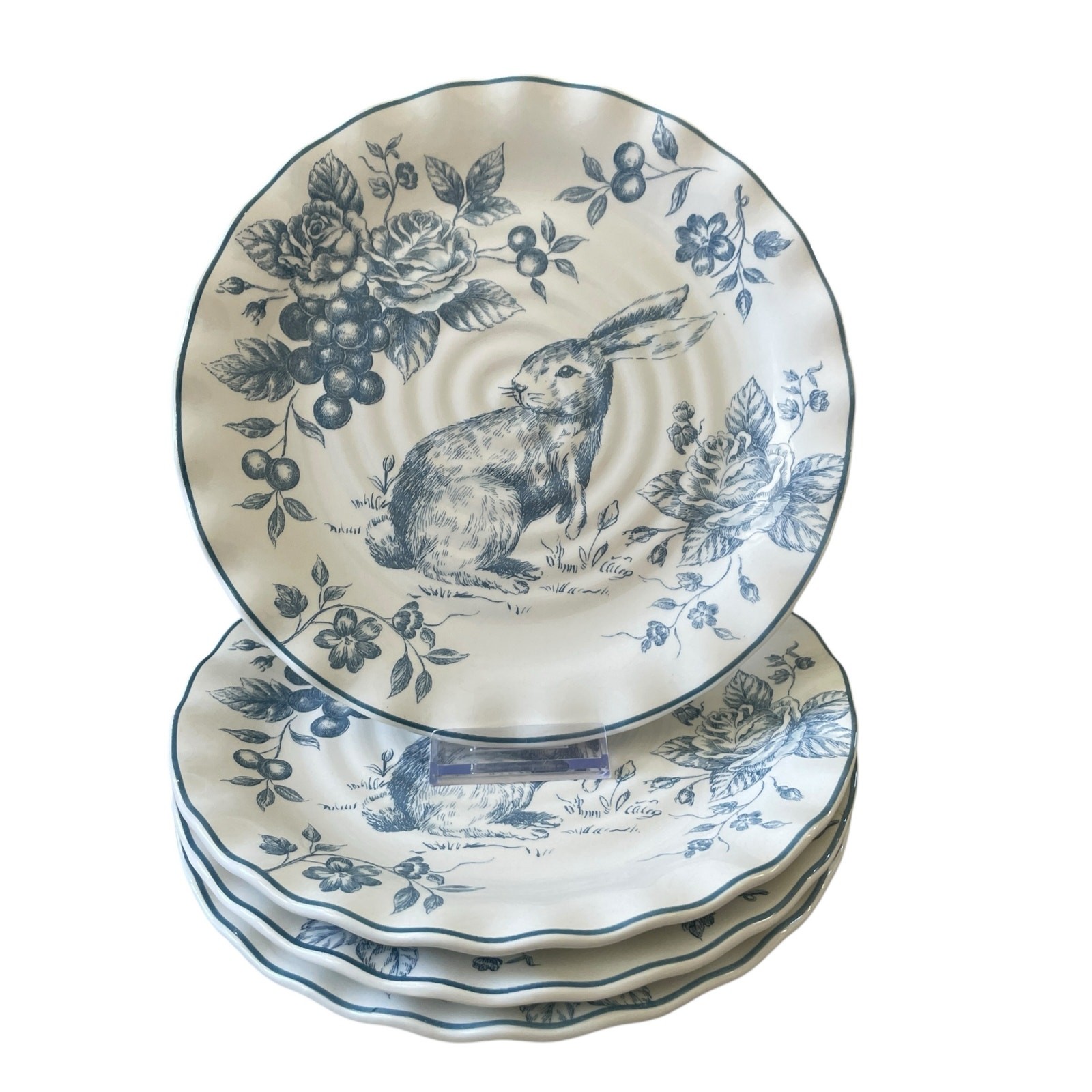 NEW Maxcera Blue Toile Bunny Rabbit Dinner Plates 11″ Scalloped Easter Set of 4