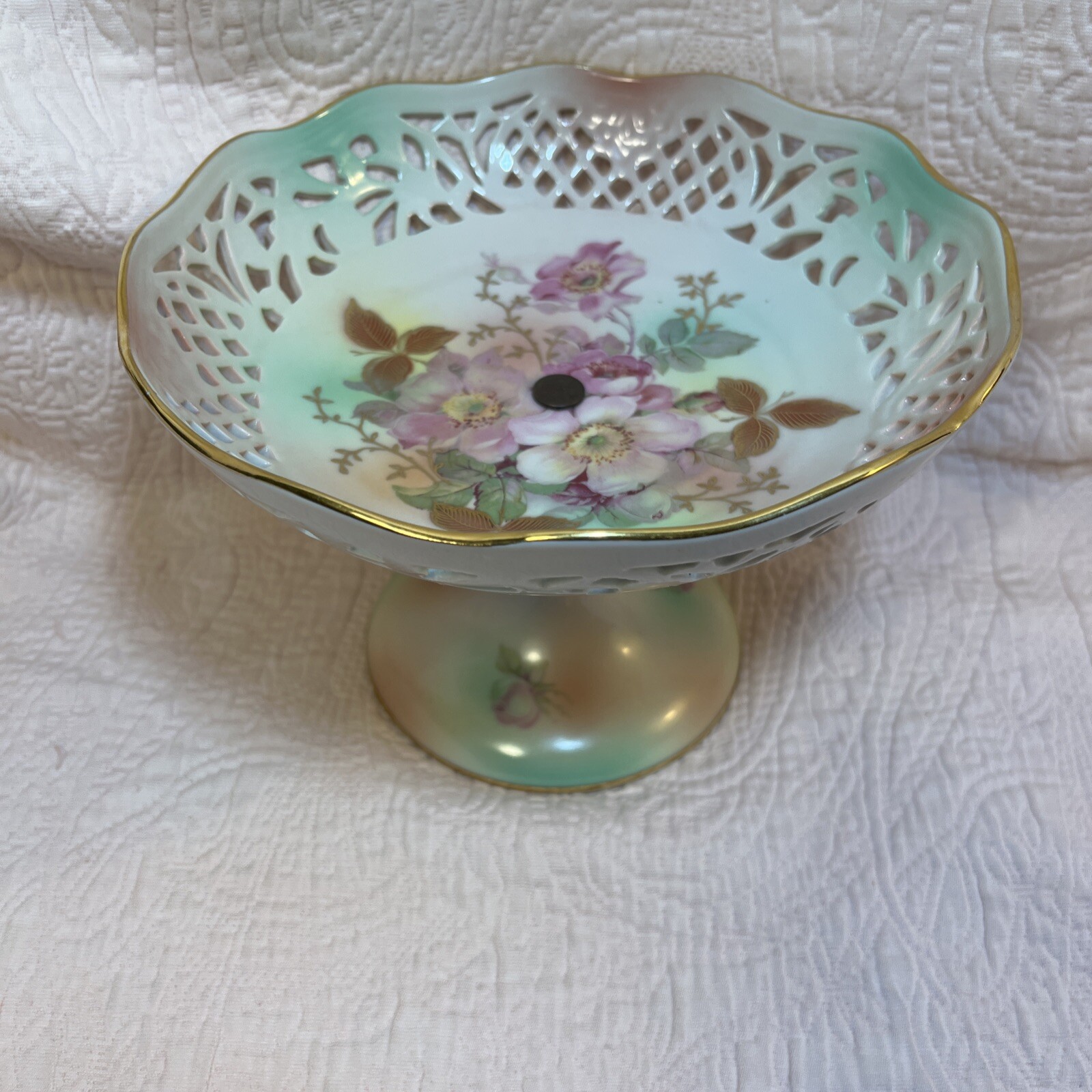 Vtg Schumann Arzberg Reticulated Pedestal Dish Pink Roses Germany