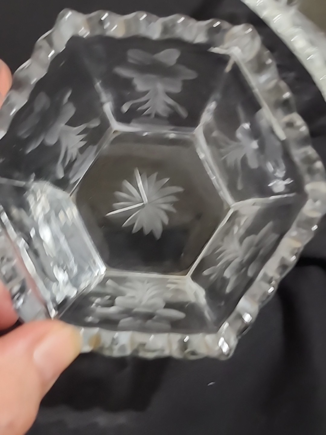 VTG FLORAL Etched GLASS Mayo Bowl Set Ladle Underplate SCALLOPED Hexagon Nice