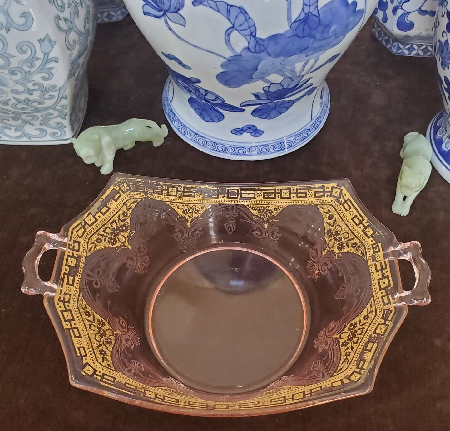 Elegant Pink Depression or Elegant Glass Hexagon Handled Etched Gilded Bowl