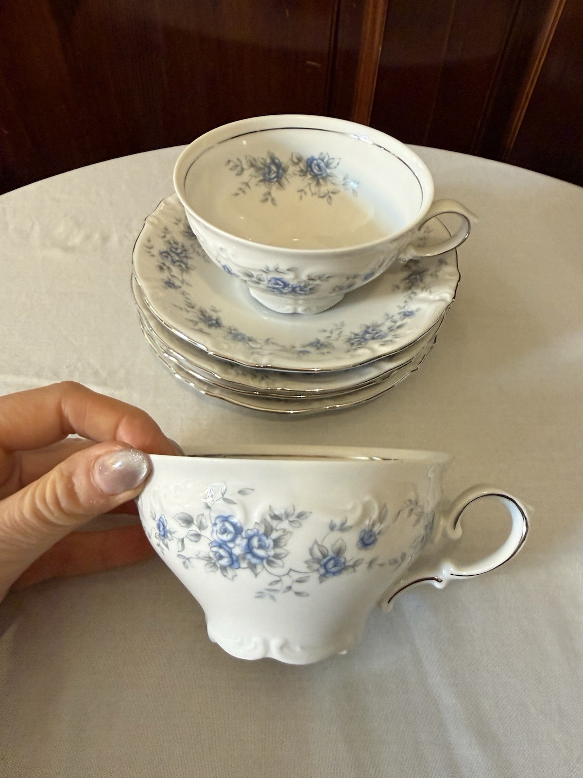 Vintage Winterling Teacup and Saucer White Blue Floral Platinum Trim Germany Set
