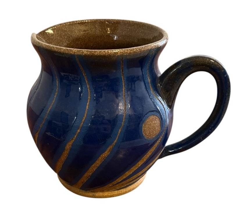 Vintage Hand Thrown Pottery Pitcher Vase Blue Tan Glazed Studio Art Signed OOAK