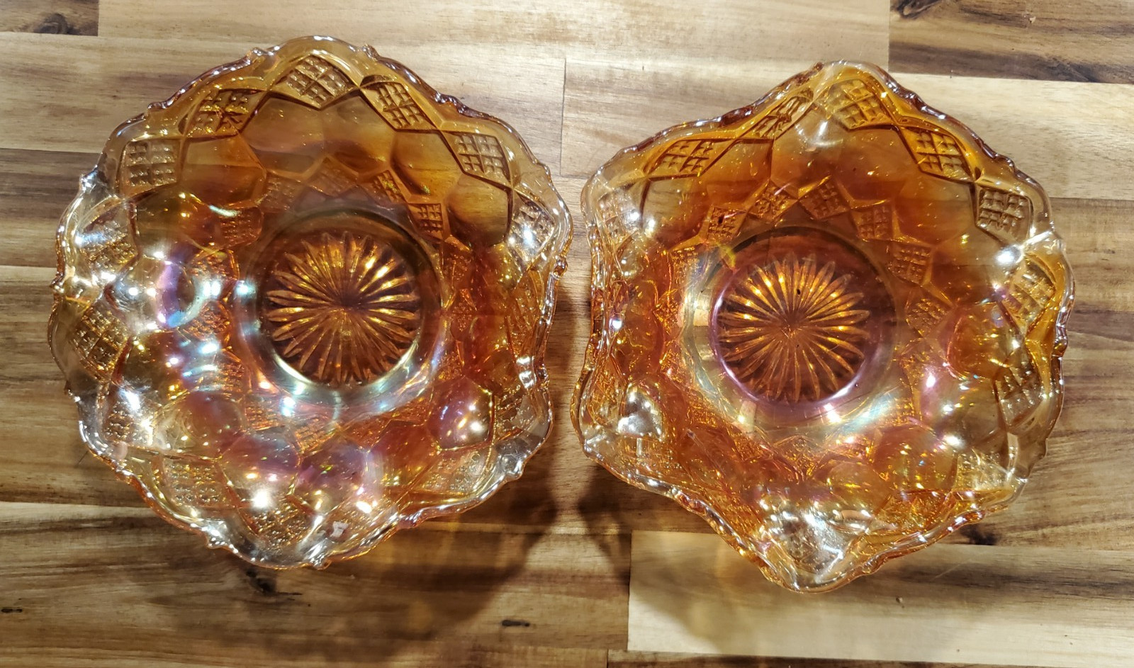 2 Imperial Marigold Carnival Glass Bowl Dish Frilled Edge Diamond Hexagon Shapes