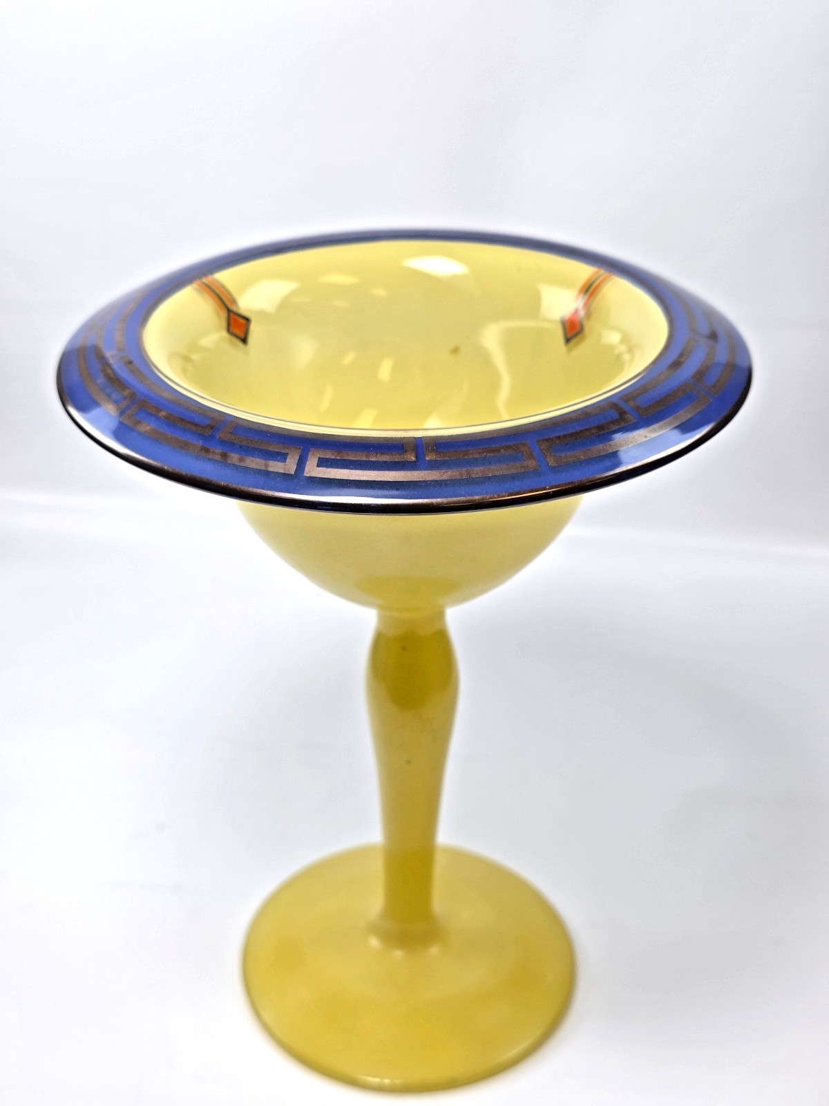 Antique Art Deco Glass Compote Bowl Yellow Cobalt Blue Greek Key Tazza Moser