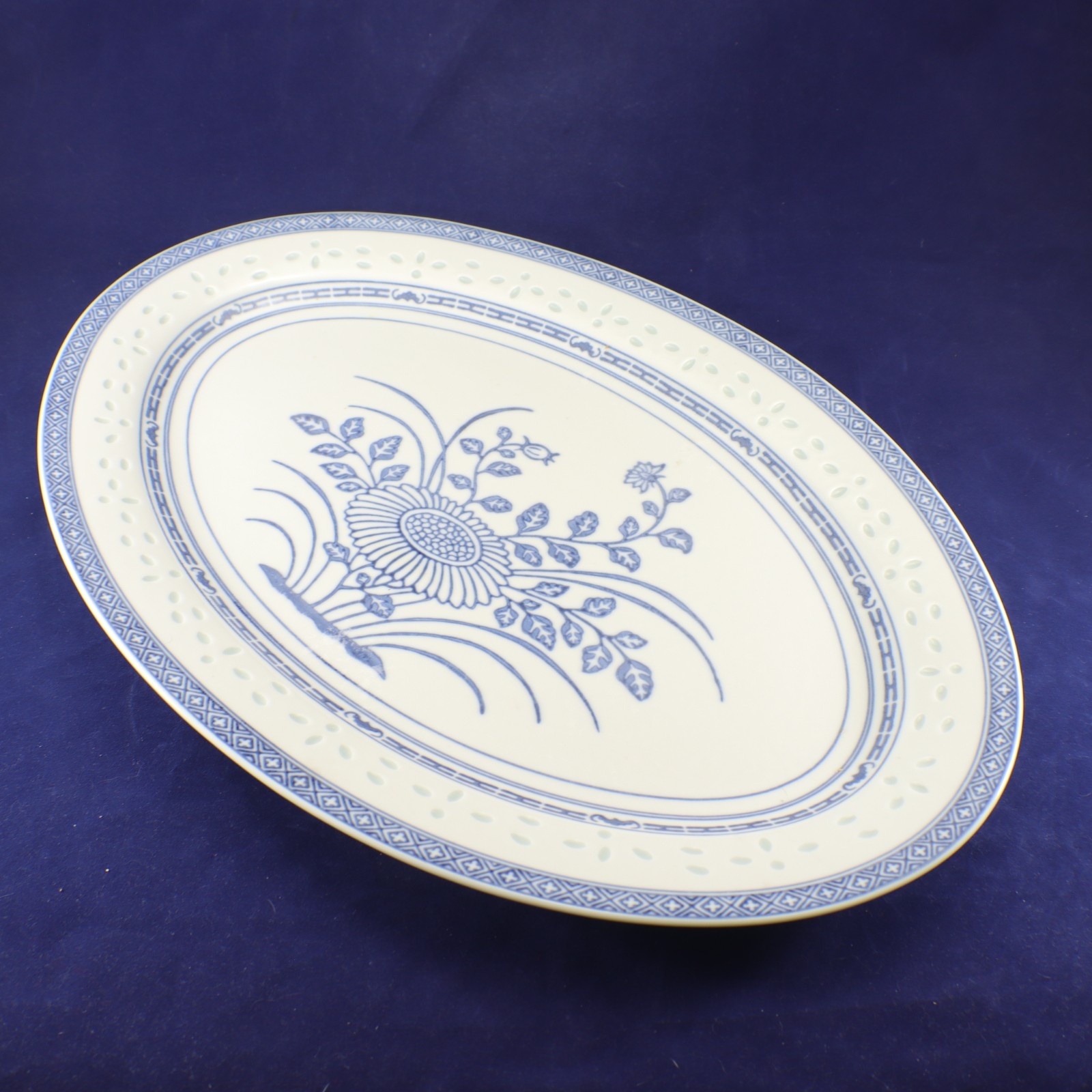 Tienshan Rice Flower Large SERVING PLATTER 15.5 x11″ Blue White Translucent Vtg