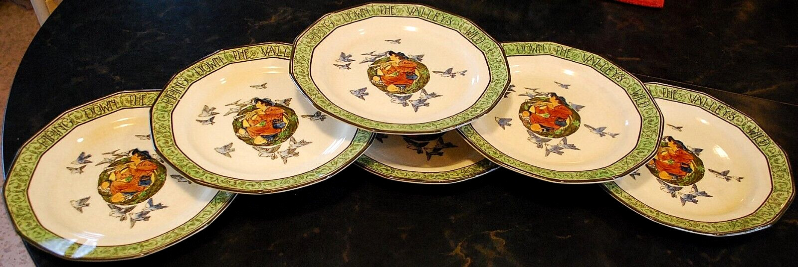 RARE Antique Set 6 Royal Doulton PIPING DOWN THE VALLEYS WILD Plates c1911 8.5″