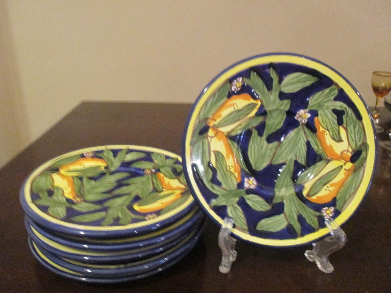 Le Souk Ceramique Tunisia SAUCER ONLY Set of 6 Cobalt Blue Yellow Lemons