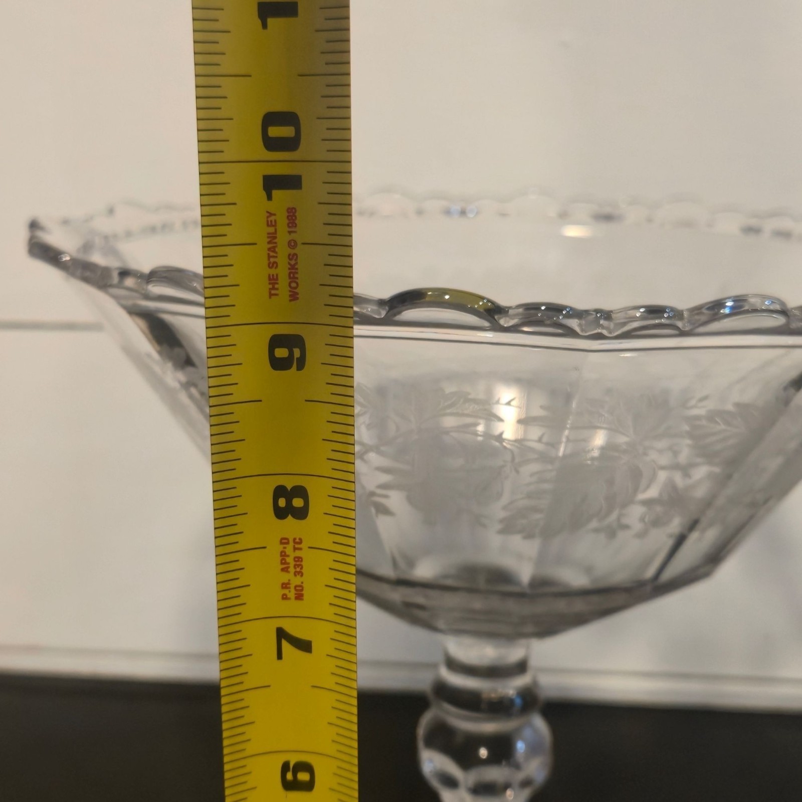 Antique Etched Glass Pedestal Compote Scalloped Rim Elegant Glass Bowl leaves