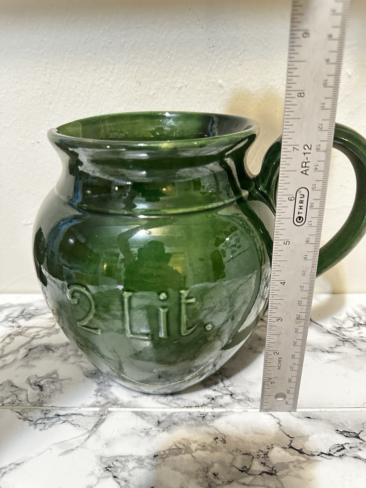 Williams Sonoma Dark Green Embossed 2 Liter Pitcher Ceramic Made In Italy Nice