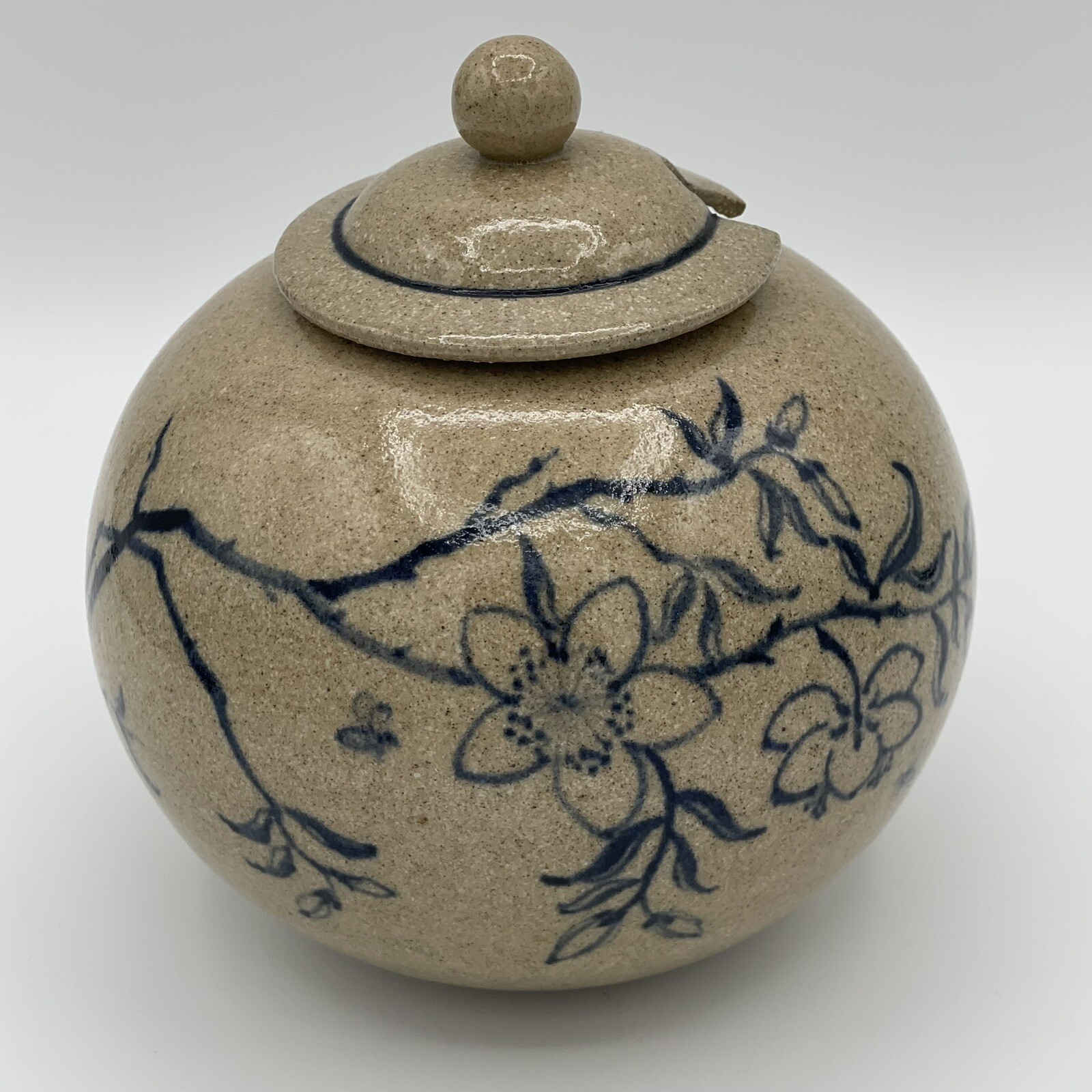 Art Pottery Earthenware – Honey Jar with Blue Flower Design and Bees