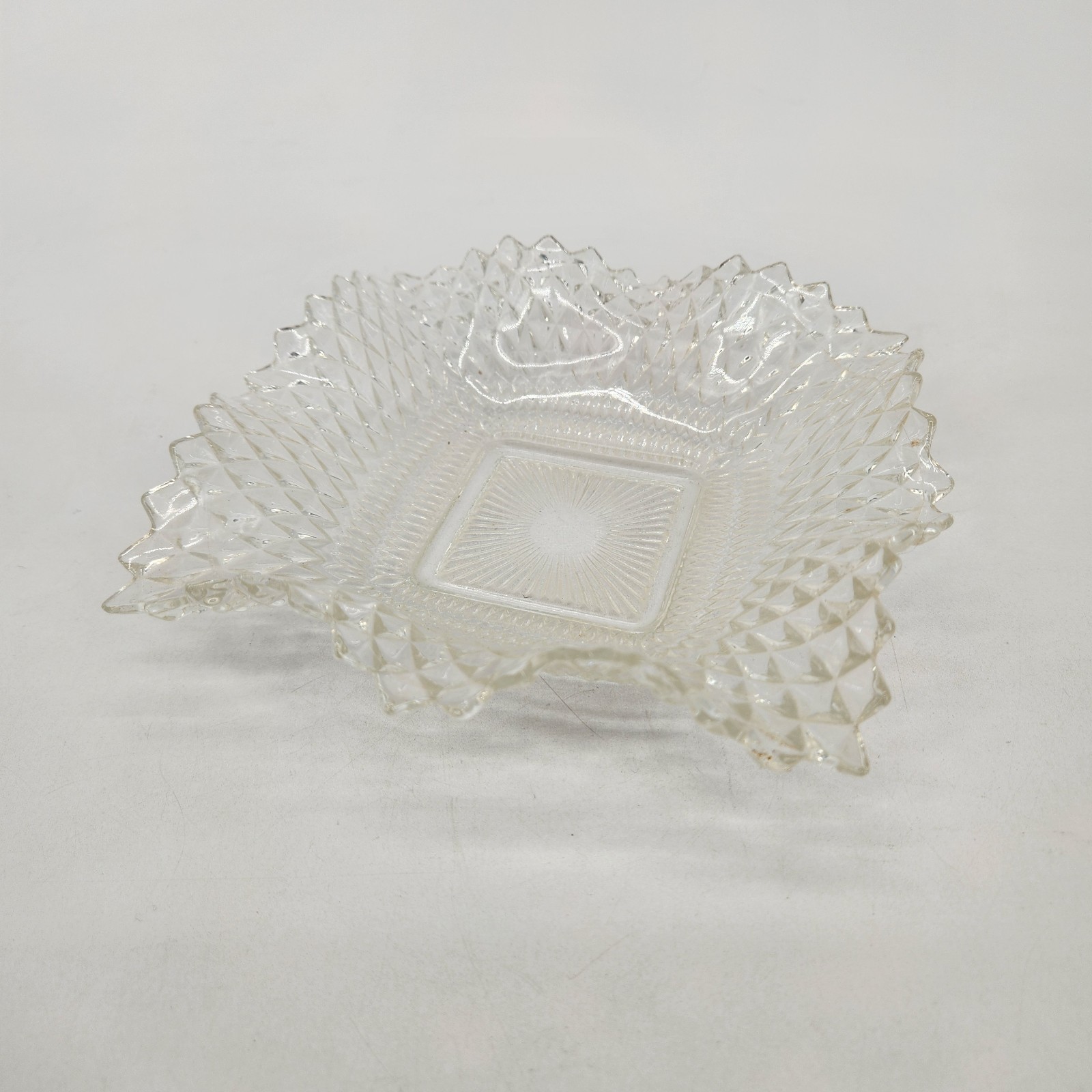 Vintage Clear Indiana Glass Co Square Ruffled Diamond Point Candy Nut Dish Bowl