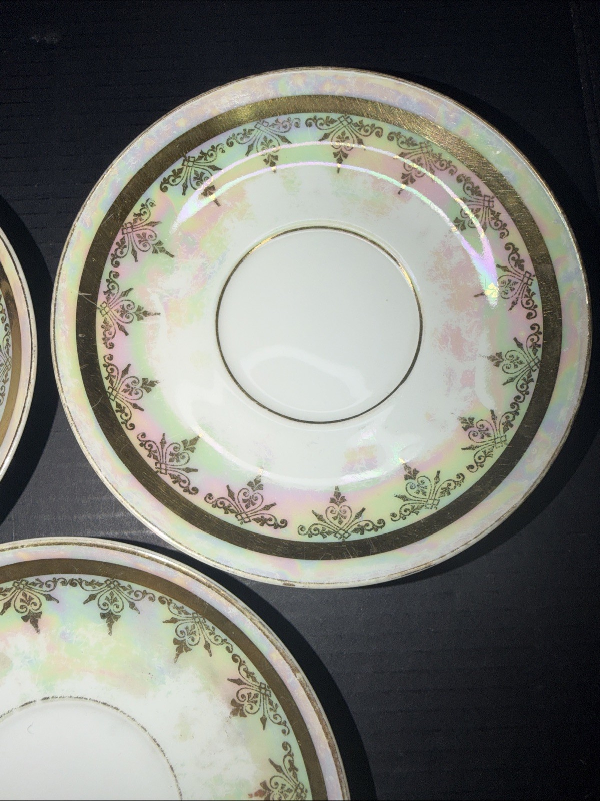 Vintage Bohemia Czech Lustreware Saucers Gold Trim Set Czechoslovakia