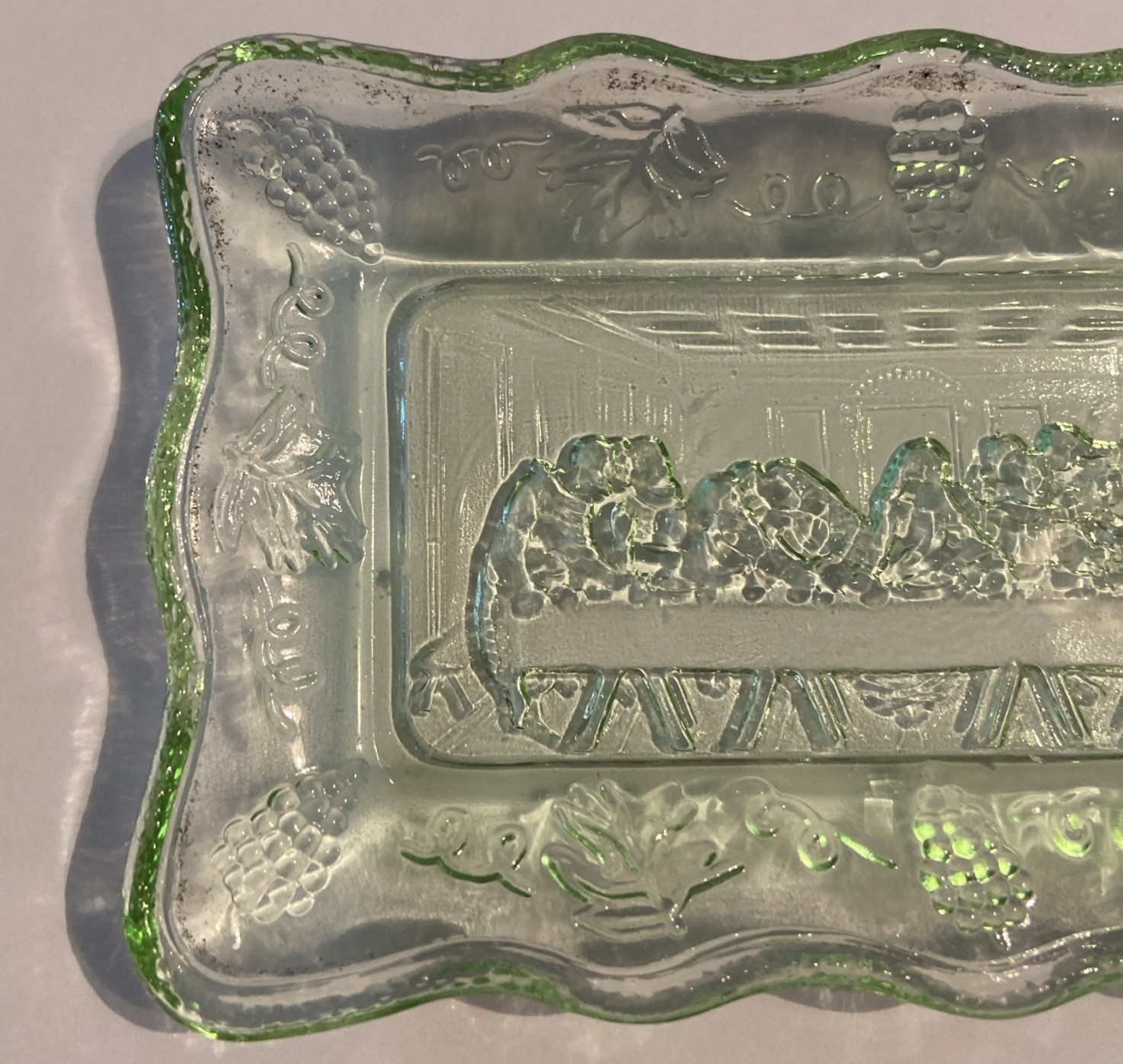 The Last Supper Vintage Tiara Indiana Glass Butter Dish Coin Dish Green Glass