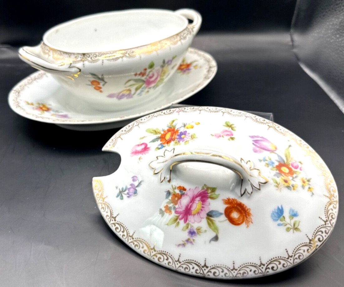 Gravy Boat with Lid Floral Leafs with Golden Design by Z S & CO Bavaria Antique