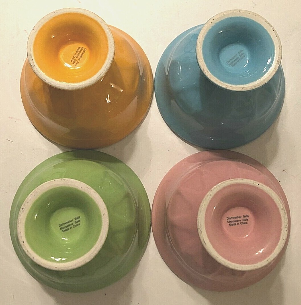 Set of 4 Ceramic Orange Green Pink Blue Cereal Dessert Glossy Stem Bowl