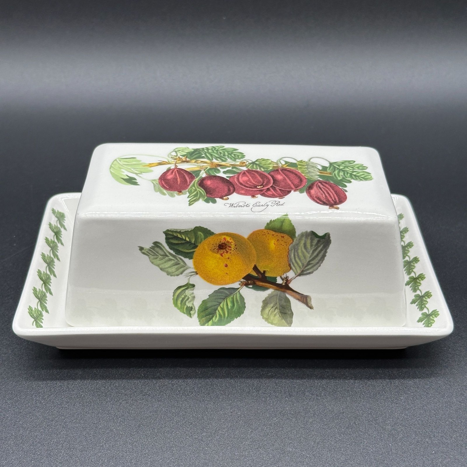 Portmeirion POMONA Wilmot’s Early Red COVERED BUTTER DISH Goddess of Fruit 2 Pc
