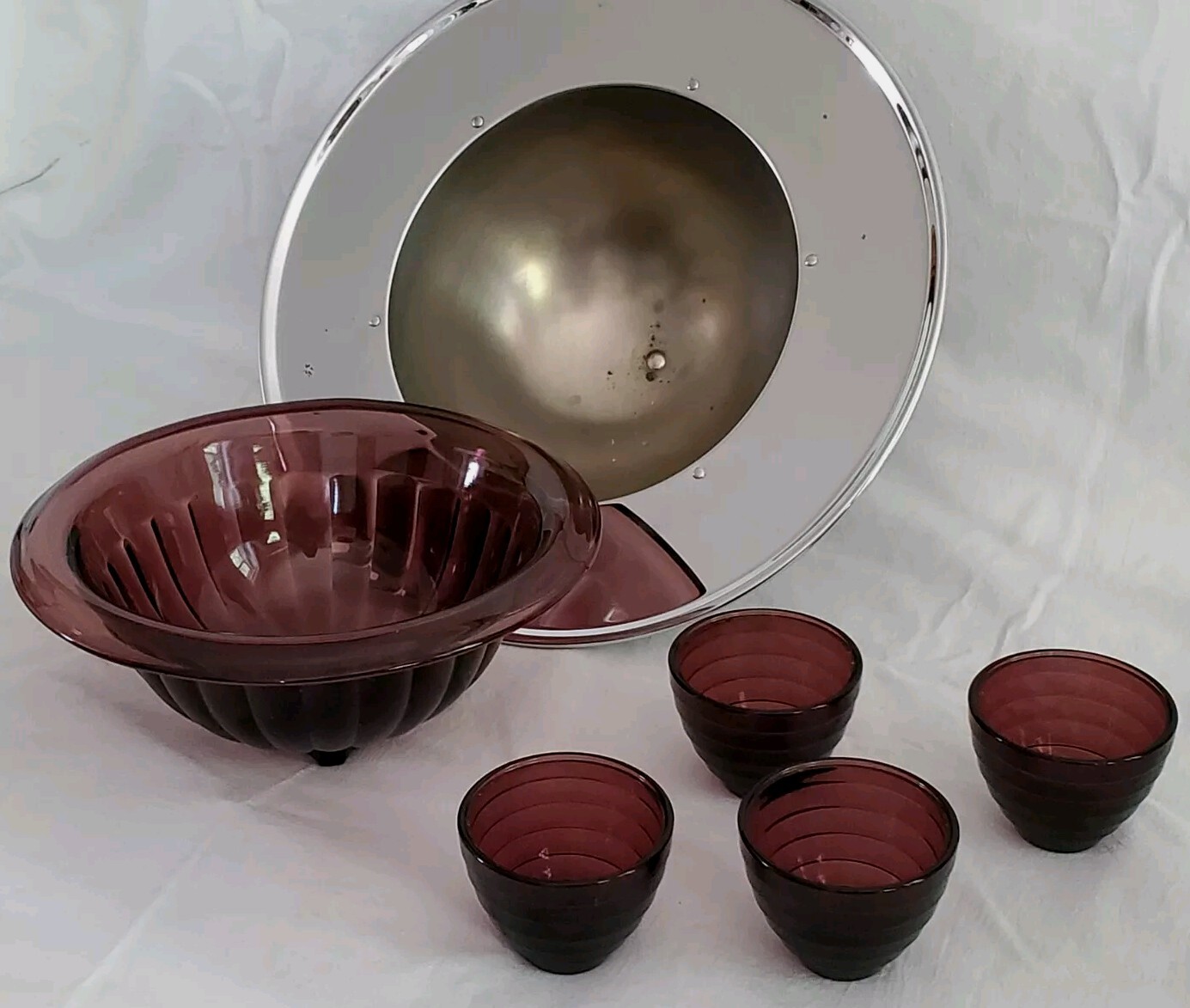 Vtg 30’s Hazel Atlas Purple Amethyst Punch Bowl Chrome Art Deco Moderntone Cups