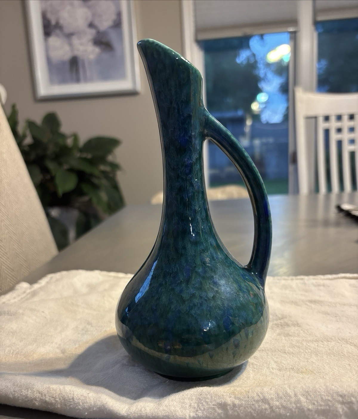 Royal Haeger Pitcher for USA RG92 Green & Blue Drip Glaze Pottery w/ Handle 6”