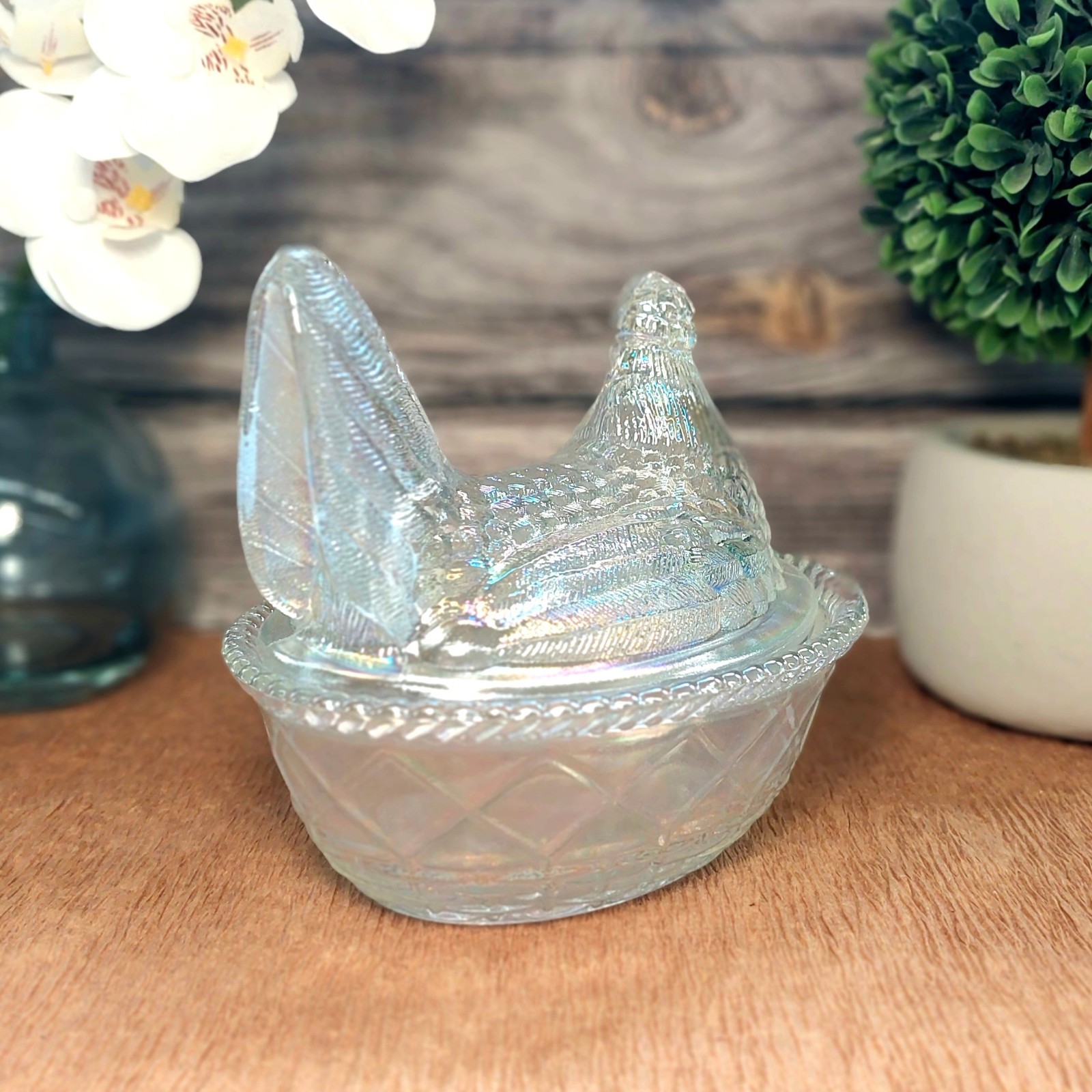 Carnival Glass Hen on Nest Chicken Candy Dish, Depression Style, Vintage Decor