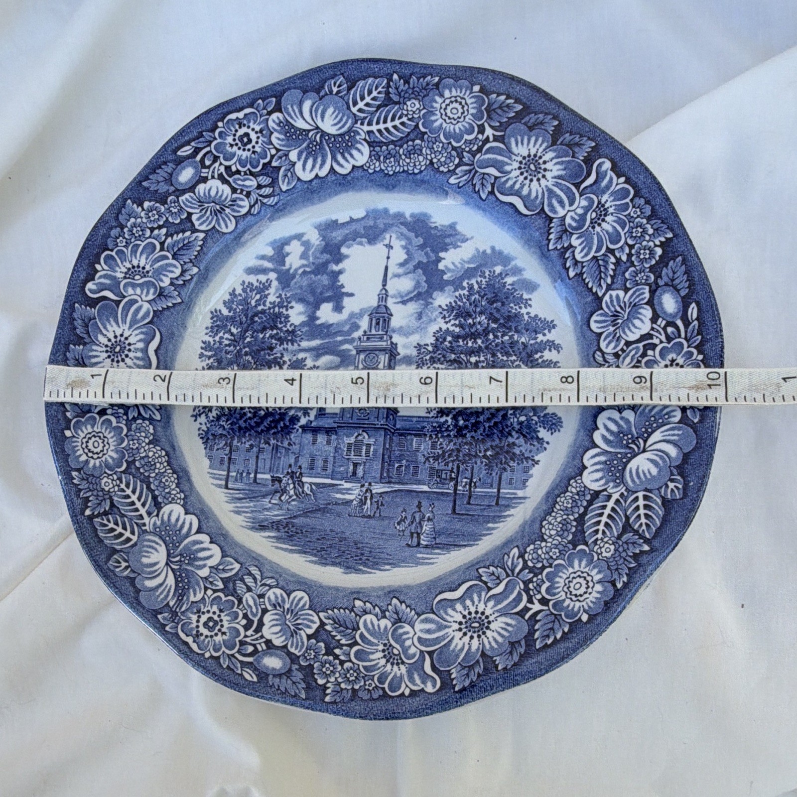 Blue & White Pottery Decorative Ceramic Plate Floral Border Building Scene