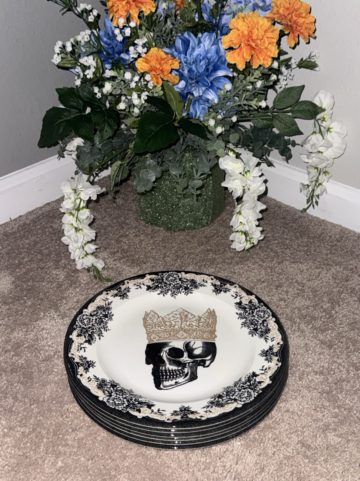 Set/6 Royal Stafford England Halloween Royal Skeleton W/ Crown 11″ Dinner Plates