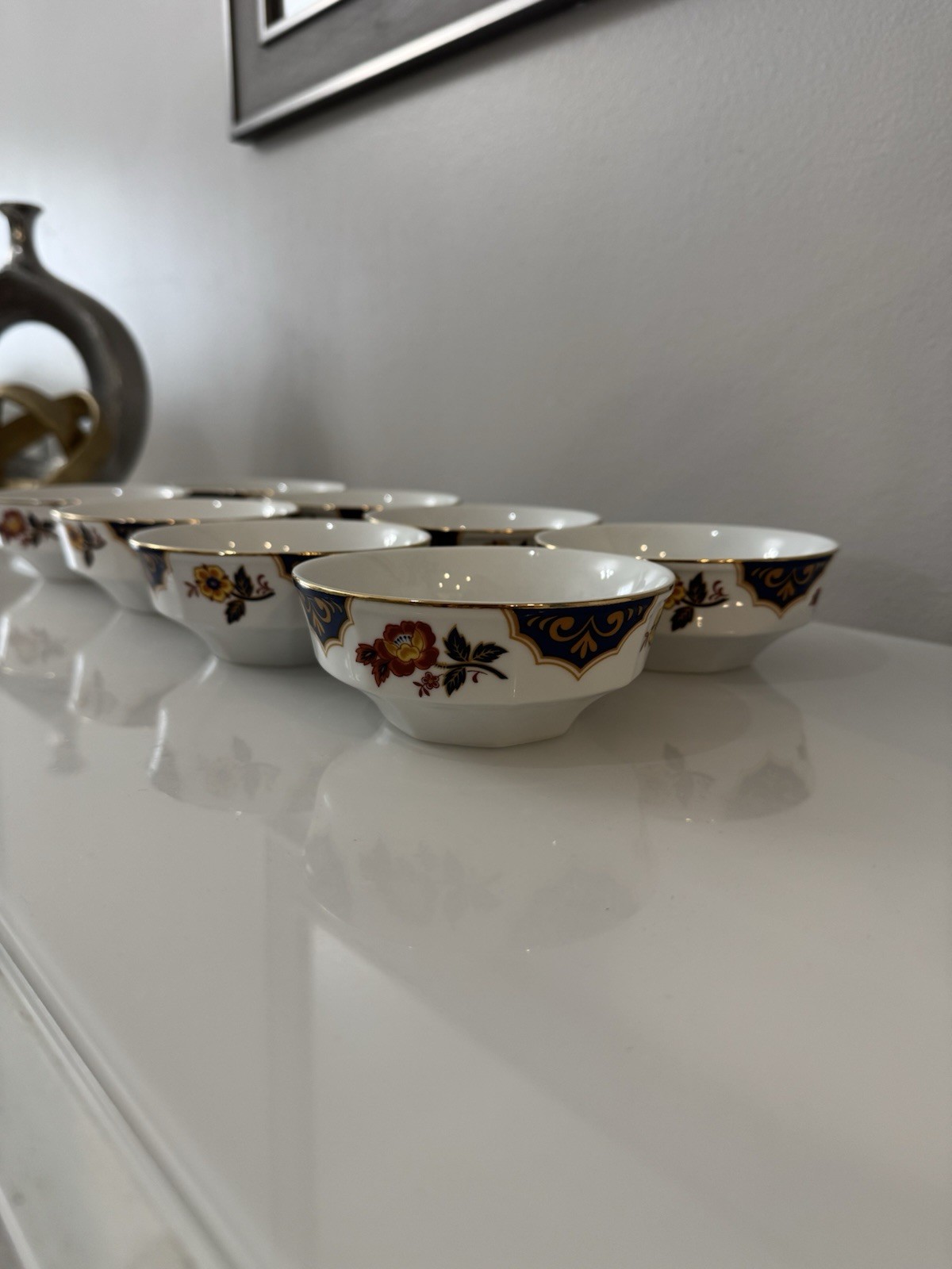 8 Vtg Mikasa Fine China Bowls Far East L6104 Blue Gold Rust Floral Octagon Japan