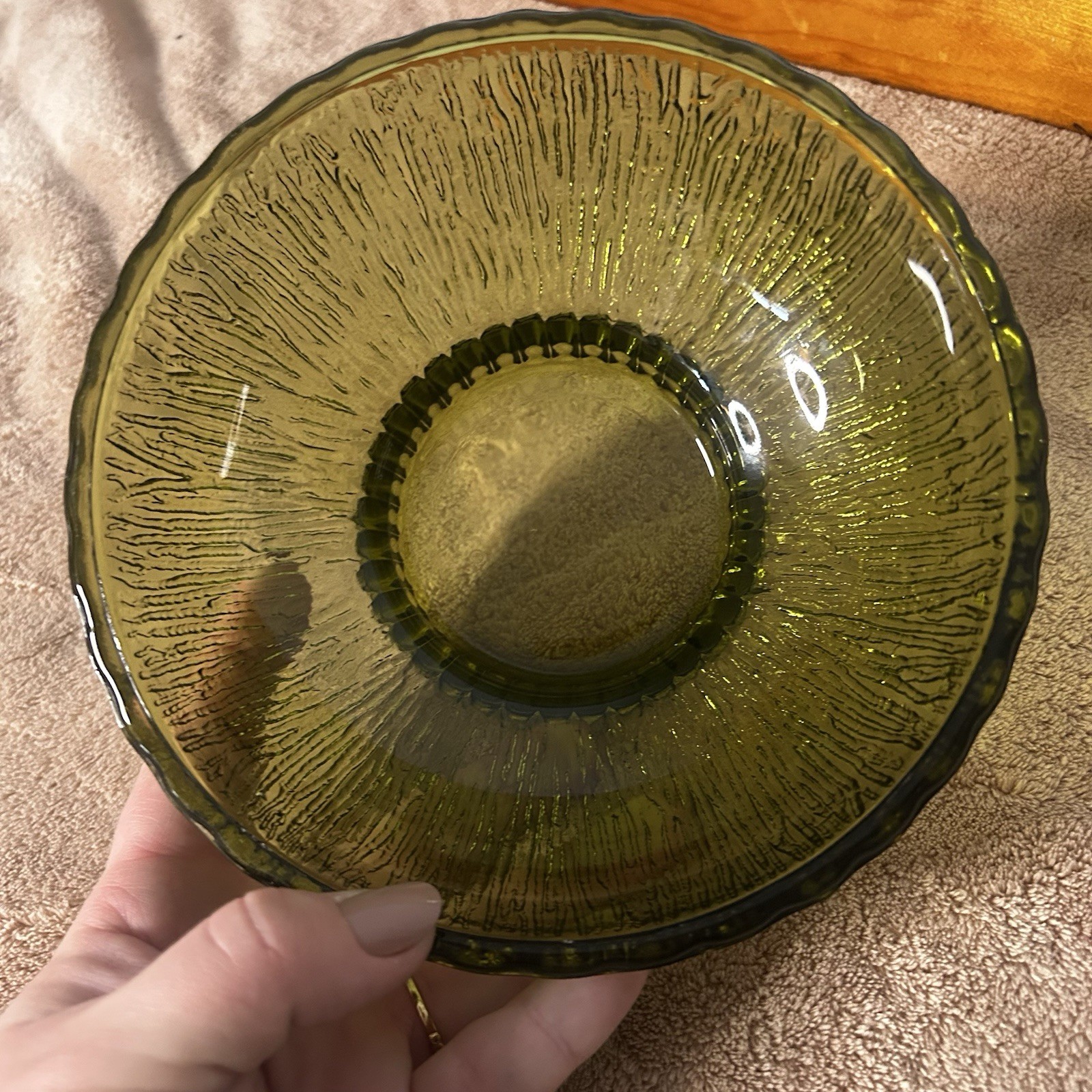 Vintage 1975 FTD Green Glass Footed Bowl Green Glass Ridges 6.75″ Diameter