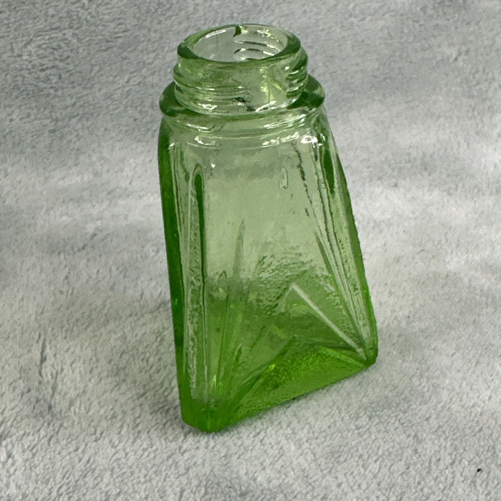 Vintage Vaseline Glass Art Deco Salt Pepper Shaker Caddy Uranium Glow SEE CHIP