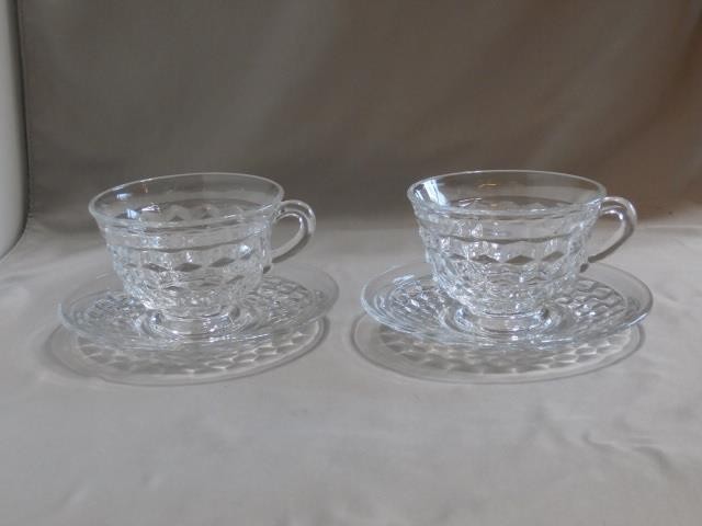 2 Fostoria American Flared Edge Round Handle Footed 6 oz. Cups and 6″ Saucers