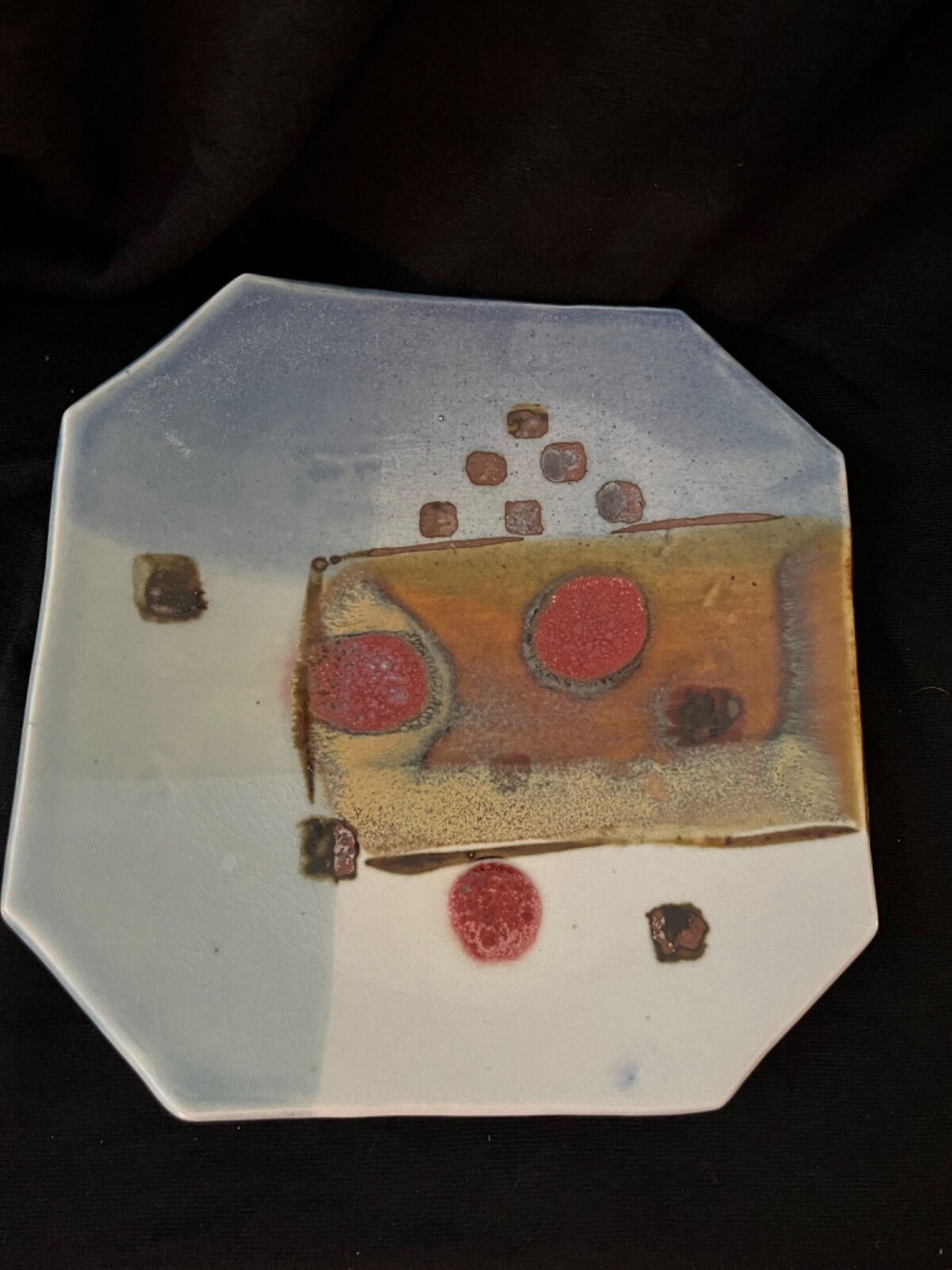 Octagonal Art Pottery Artist Signed Multi-Color Abstract with Metallics 9”x9”