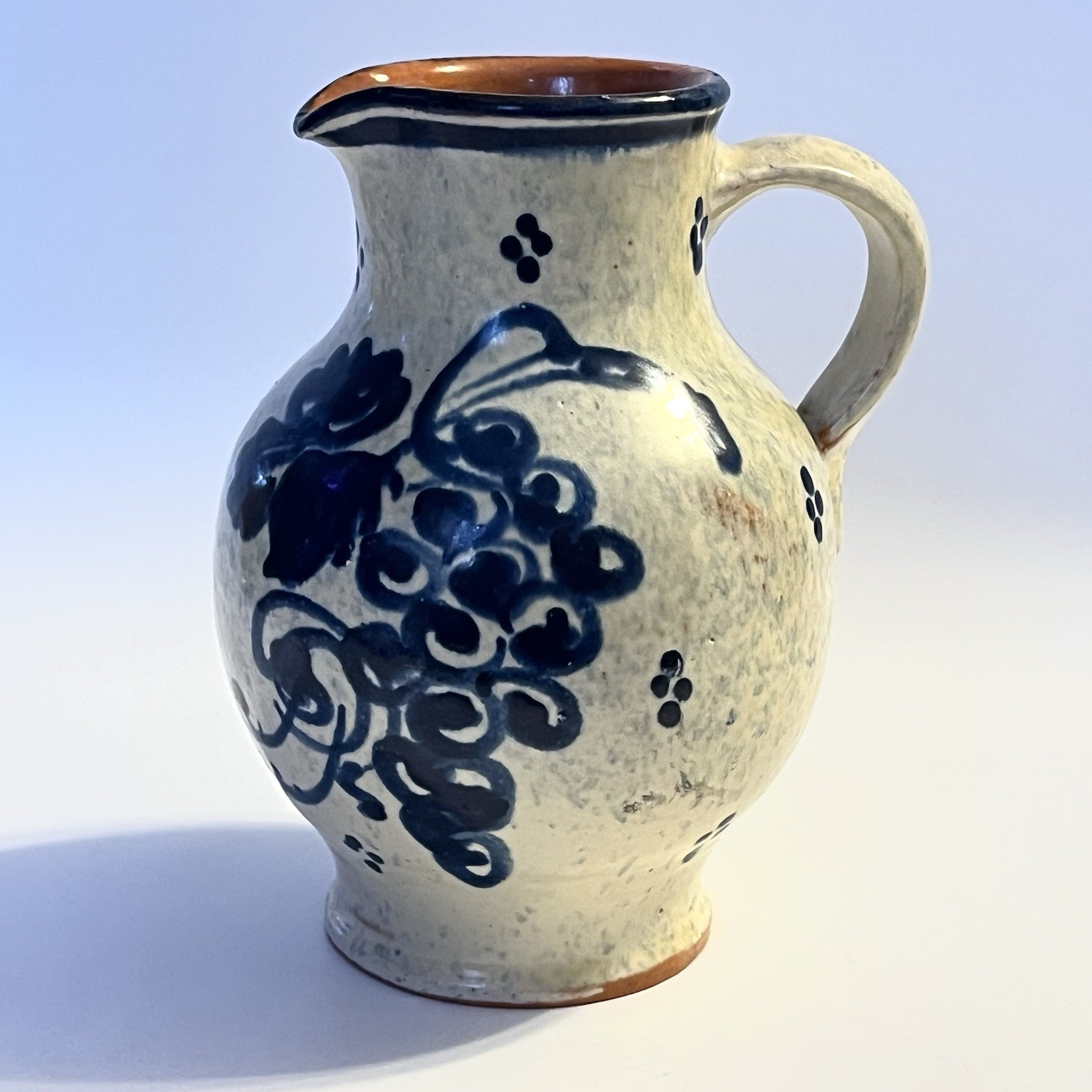 Vtg K Schafer GERMAN Pottery Pitcher Handmade Pale Yellow Cobalt Blue Edenkoben