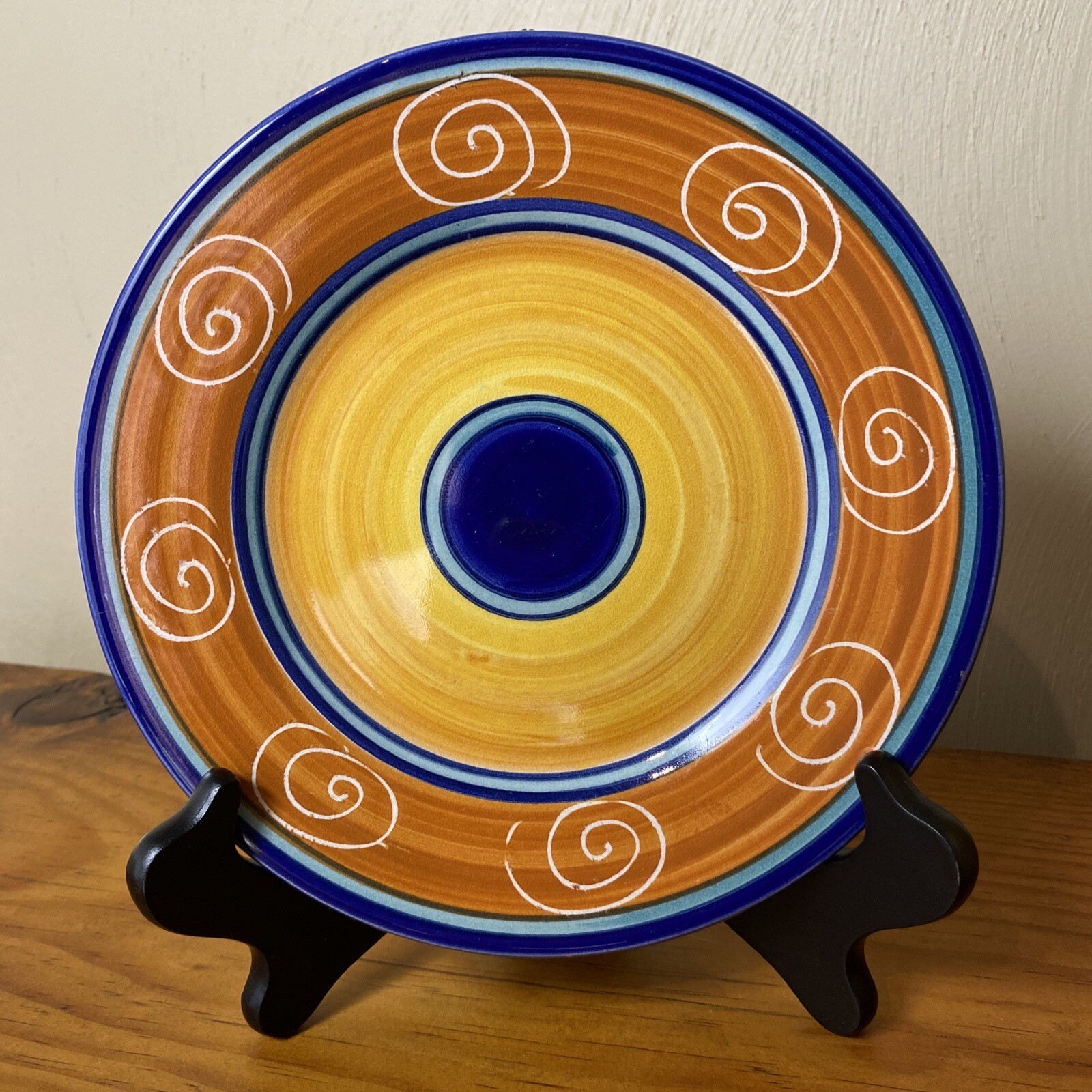 Pier 1 Yellow & Cobalt Blue Earthenware Italy Vintage 8” Plate Hand Painted EC