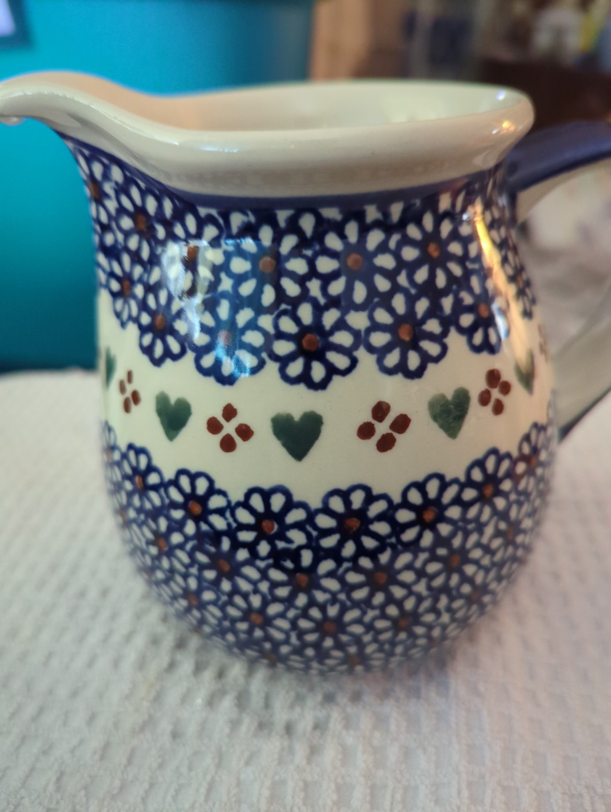 Boleslawiec Polish Pottery Hearts, Blue & White 24 Oz. Milk/Water Pitcher 5.25″