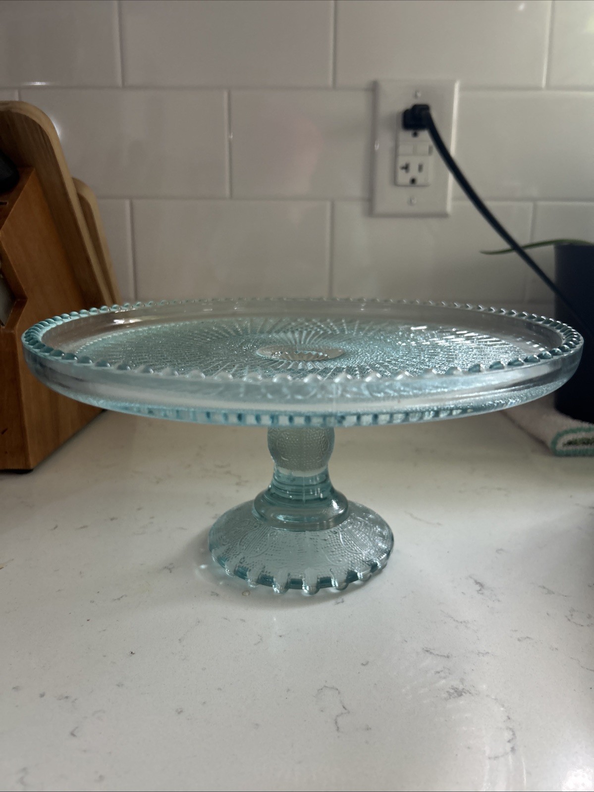 Vintage Jeannette Ice Blue Glass Harp Beaded Edge Pedestal Cake Stand 10”