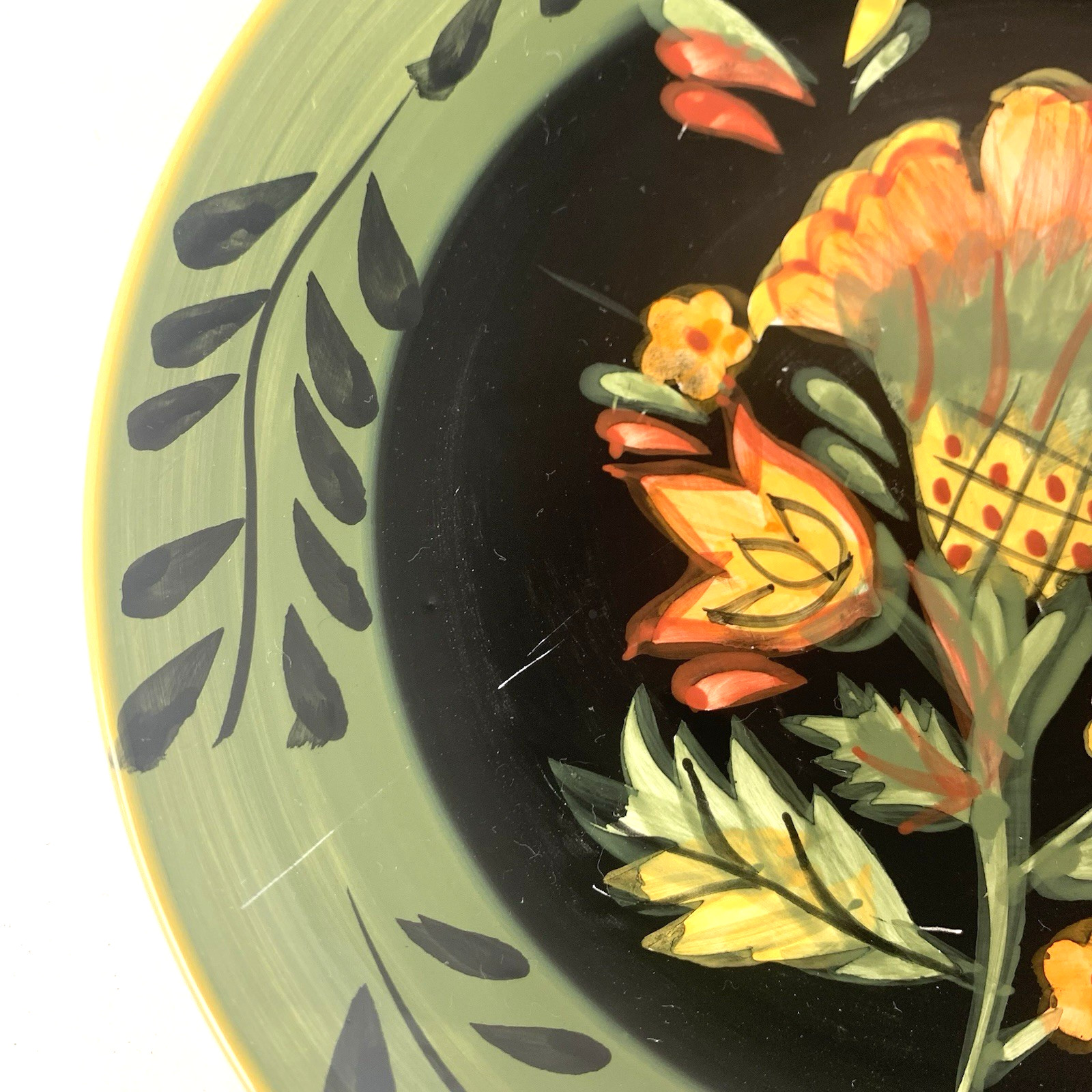222 Fifth Arabian Flower 8″ Salad Plate Handpainted Green Black Orange Set of 4
