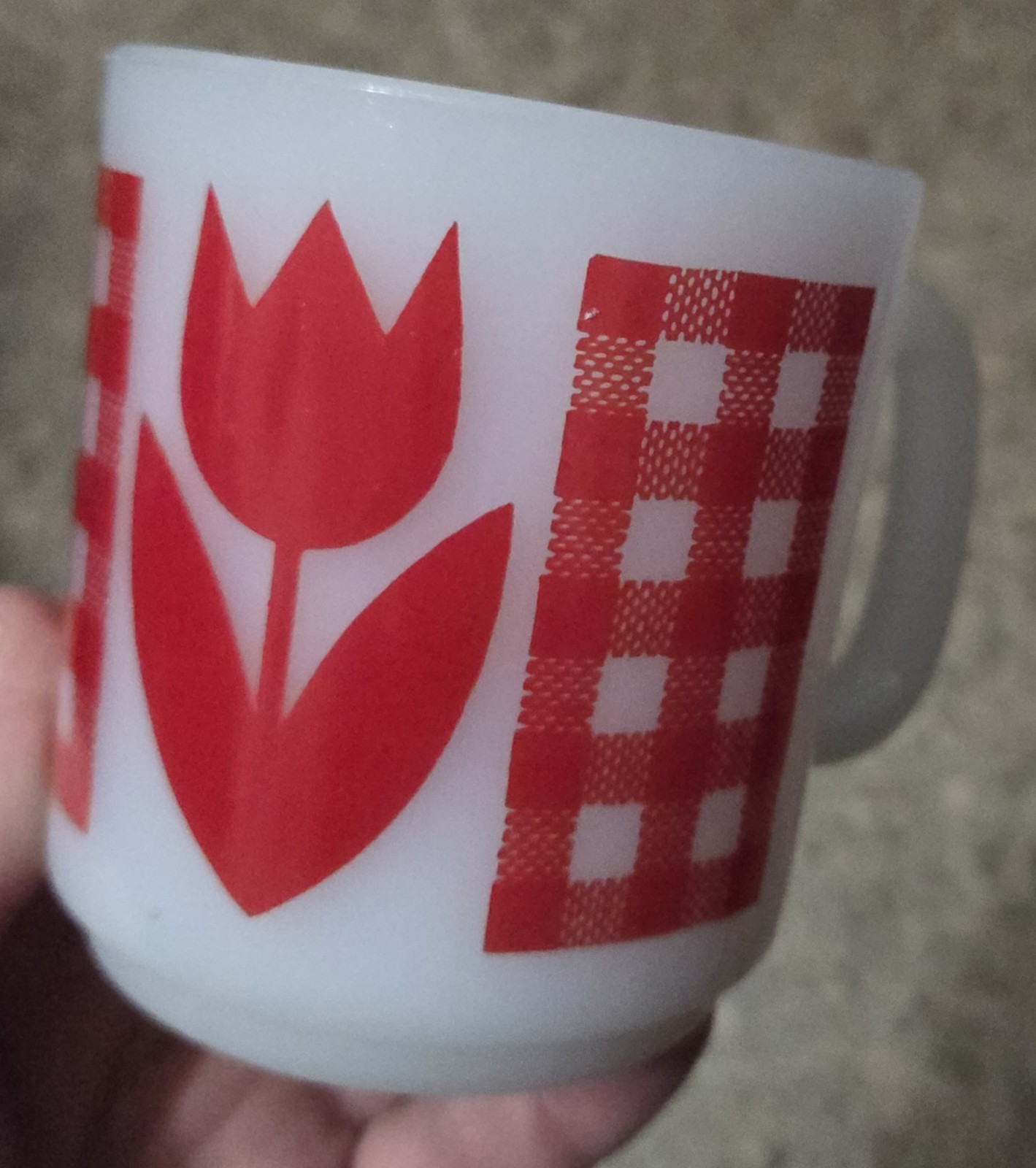 Vtg Termocrisa?Jeannette Glasbake? Coffee Mug Red Tulip Gingham 1960’s-70’s