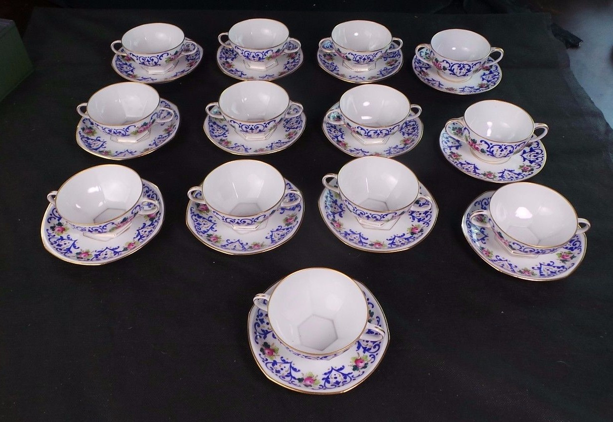 13 Howell & Hubbard / Hutschenreuther Soup Bouillon Wh & Cobalt Blue Hand Paint