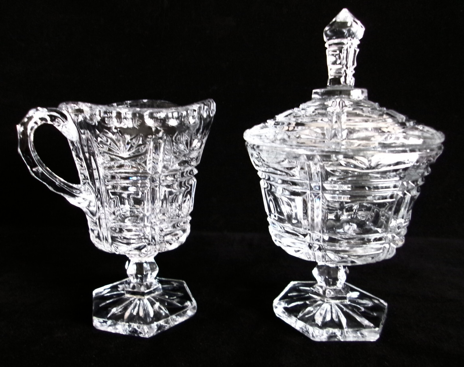 Vintage Clear Glass Crystal Footed Creamer And Sugar Bowl With Lid