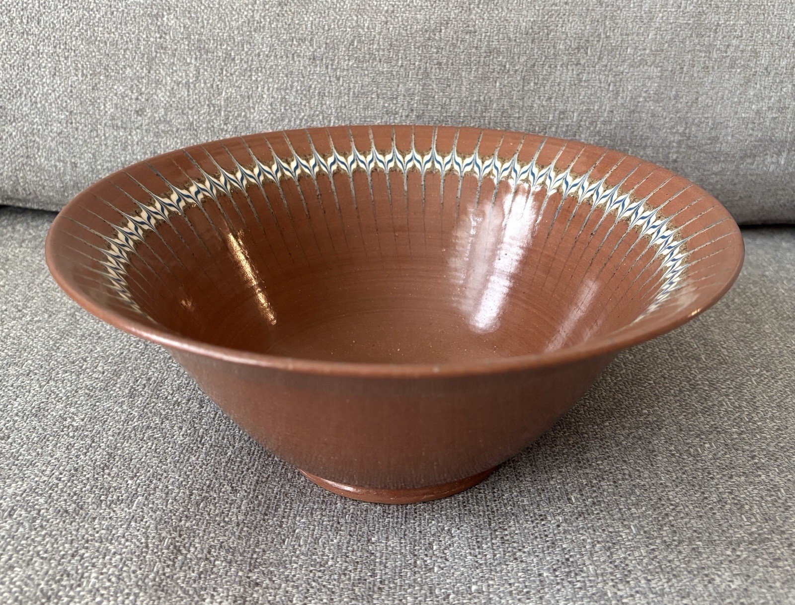Handmade Painted Bowl 9.75” Earthenware Feather Pattern 1982 Signed James White