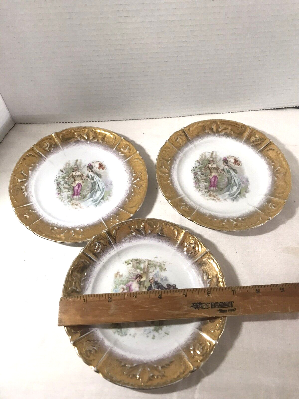 3 Antique Gold Trim Victorian Romantic Bread Plates 6.5 Inches