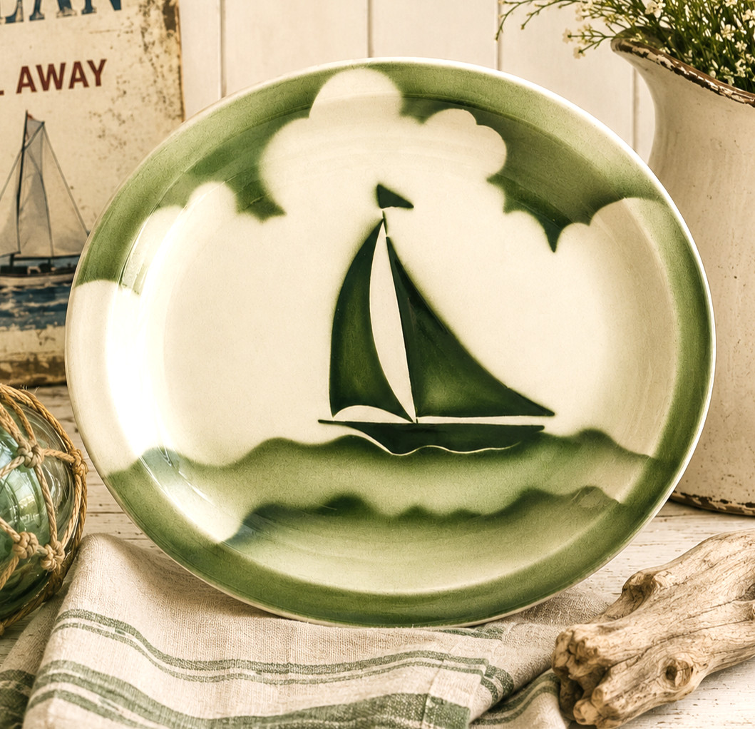 Rare 1950s Jackson China Airbrushed Sailboat Platter Green Nautical Restaurant