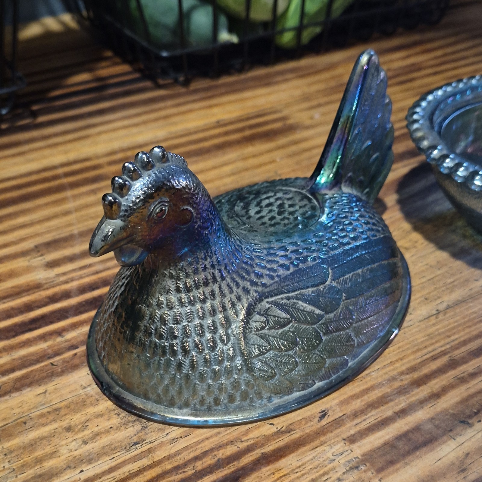 Blue Iridescent Carnival Glass Hen on Nest Covered Dish Set w/ Lid, 2pc