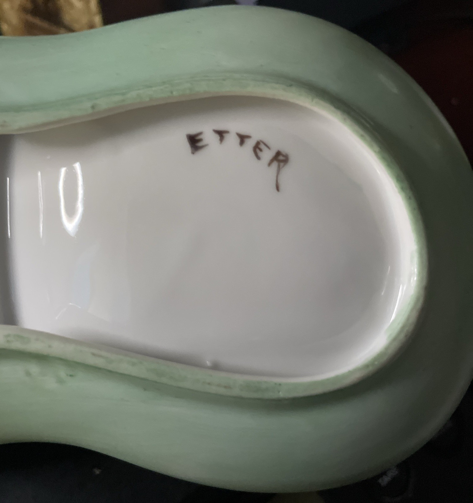 Vintage Apple Fruit Ceramic Relish Candy Nut Green Server w/ Handle Signed Etter