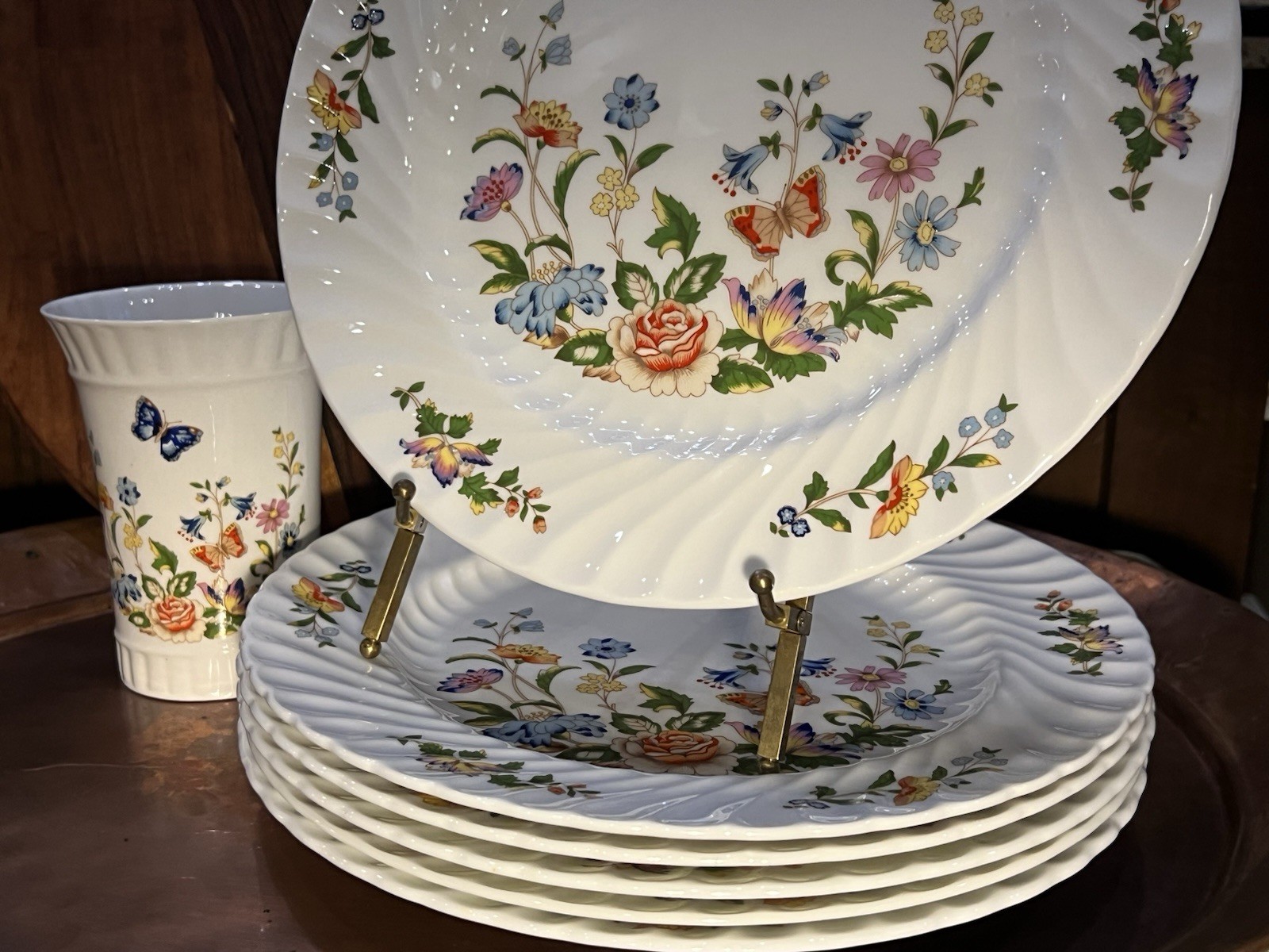 Set Of 6 Aynsley Cottage Garden -DINNER PLATES 10 3/8″ + Beautiful Vase!