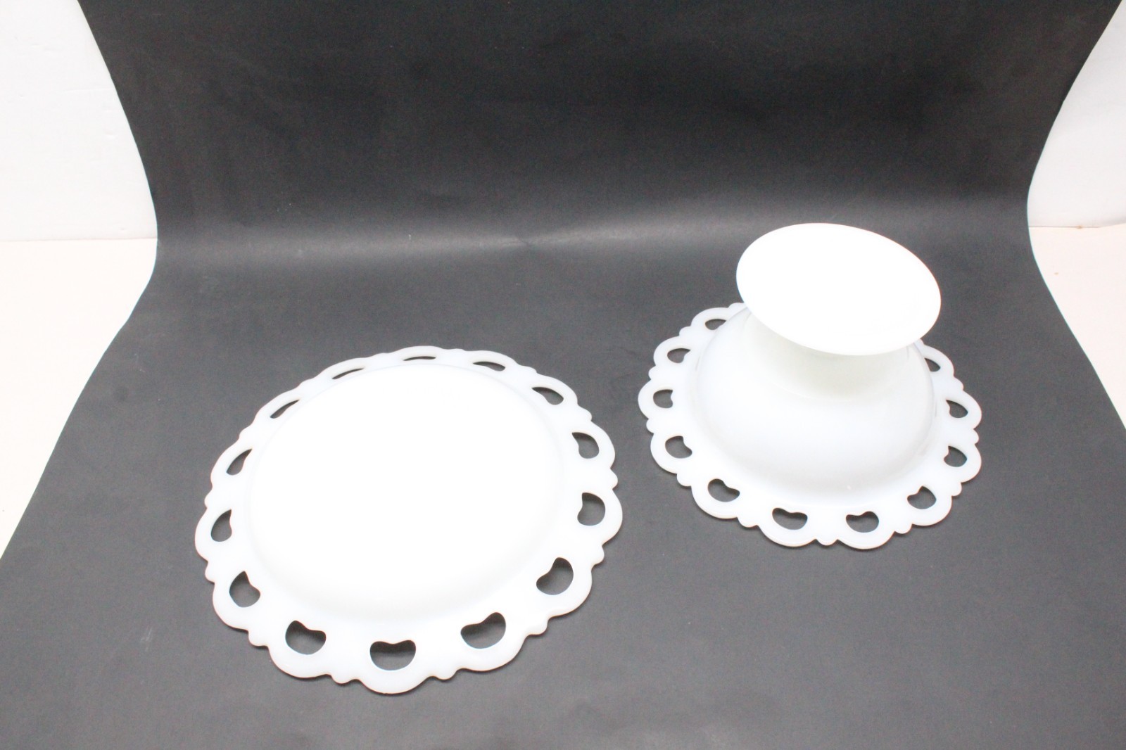 White Milk Glass Scalloped Open Lace Edge Pedestal Candy Dish & Plate