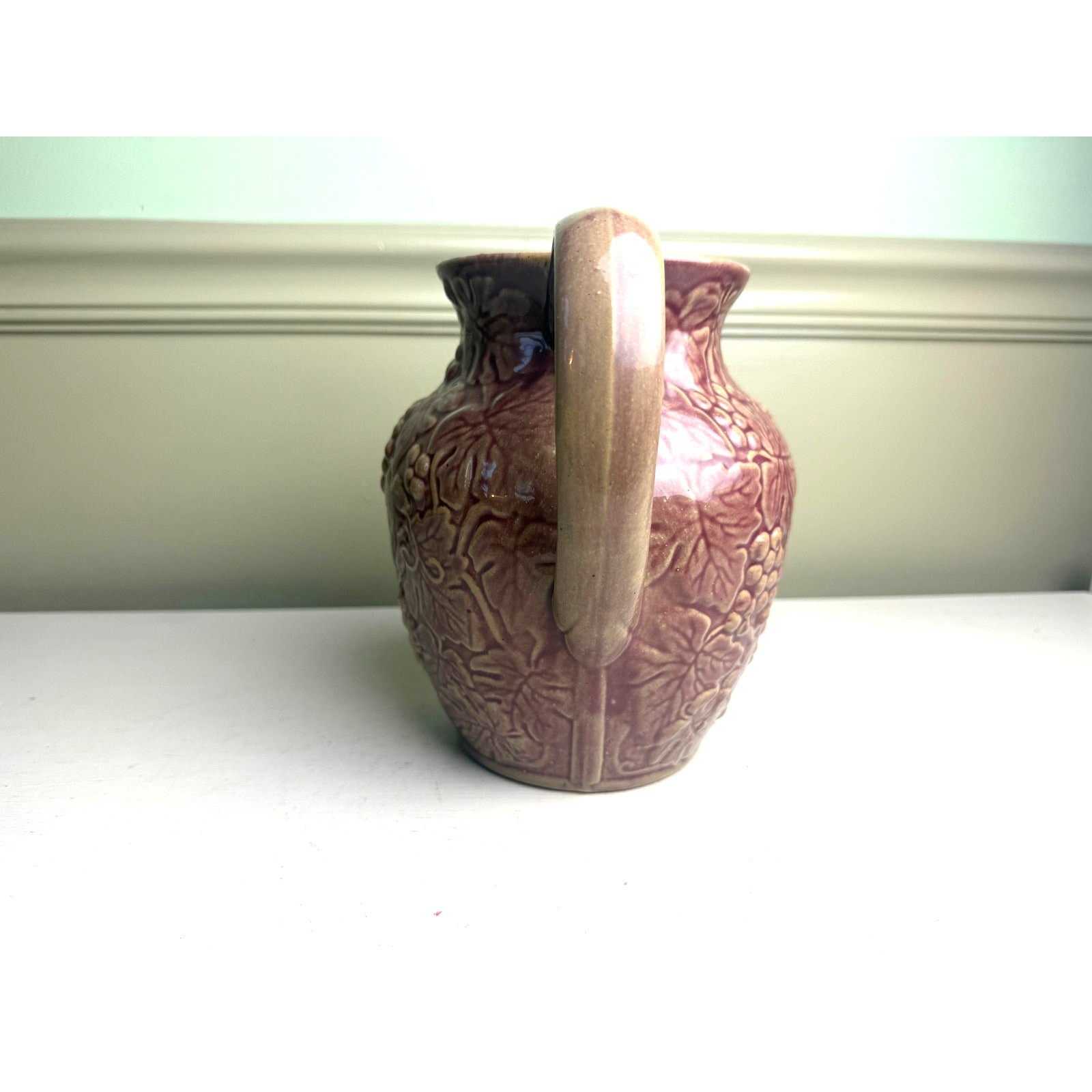 8″ Large Antique UHL Pottery Grapevine Pitcher Rare Mauve Purple Stoneware Vase