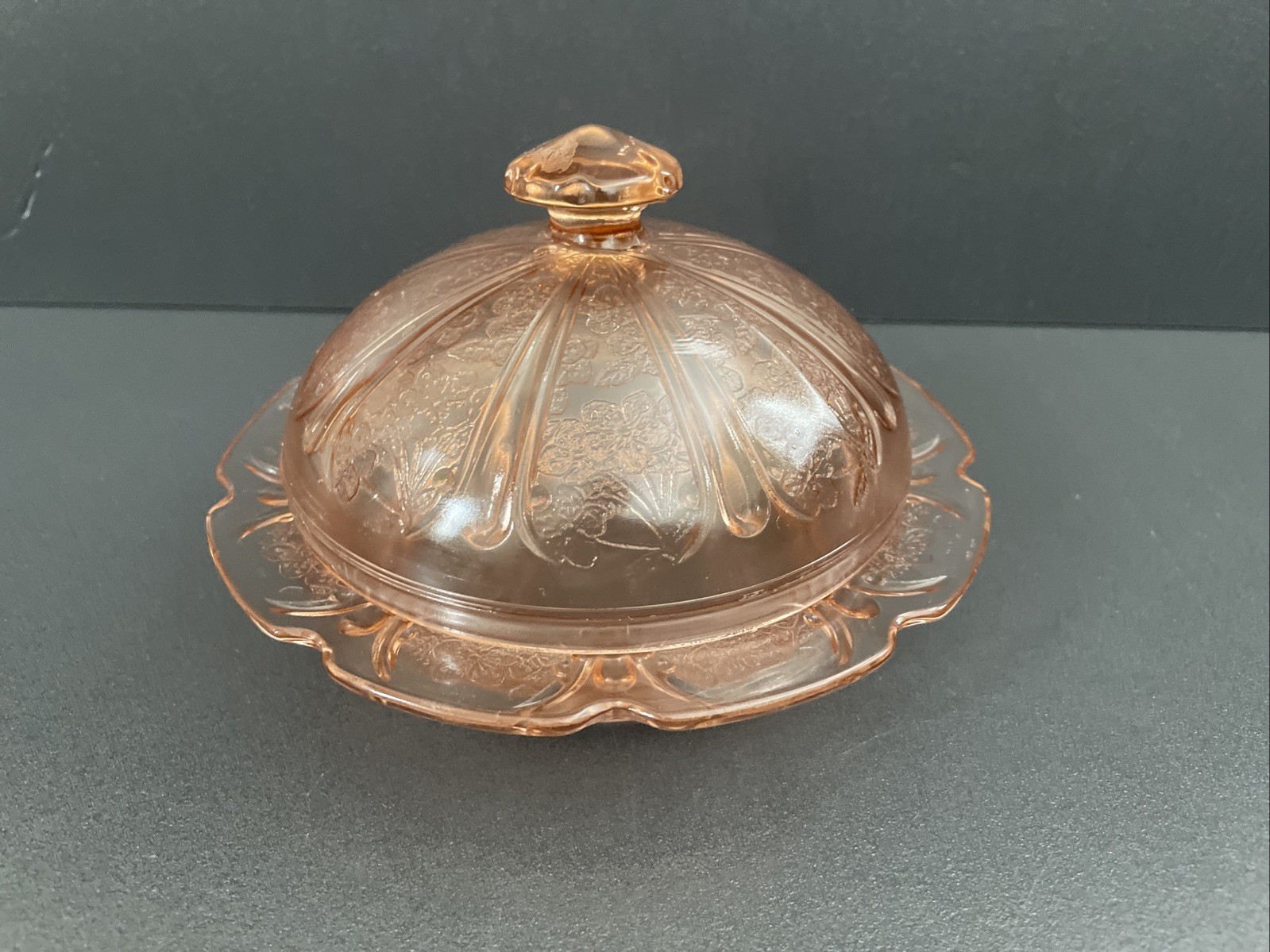 Jeannette Soft Salmon Pink Cherry Blossom Depression Glass Covered Butter Dish