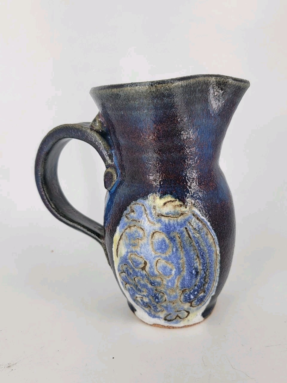 Studio Art Pottery Signed Foster Hand Thrown Jug Blue Purple Sgraffito Glazed