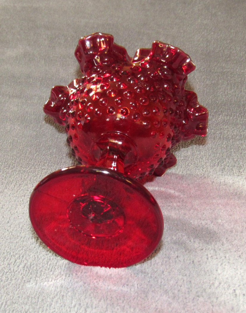 ​Vintage FENTON Ruby Red Hobnail Glass Ruffled Compote Candy Dish Pedestal 6″