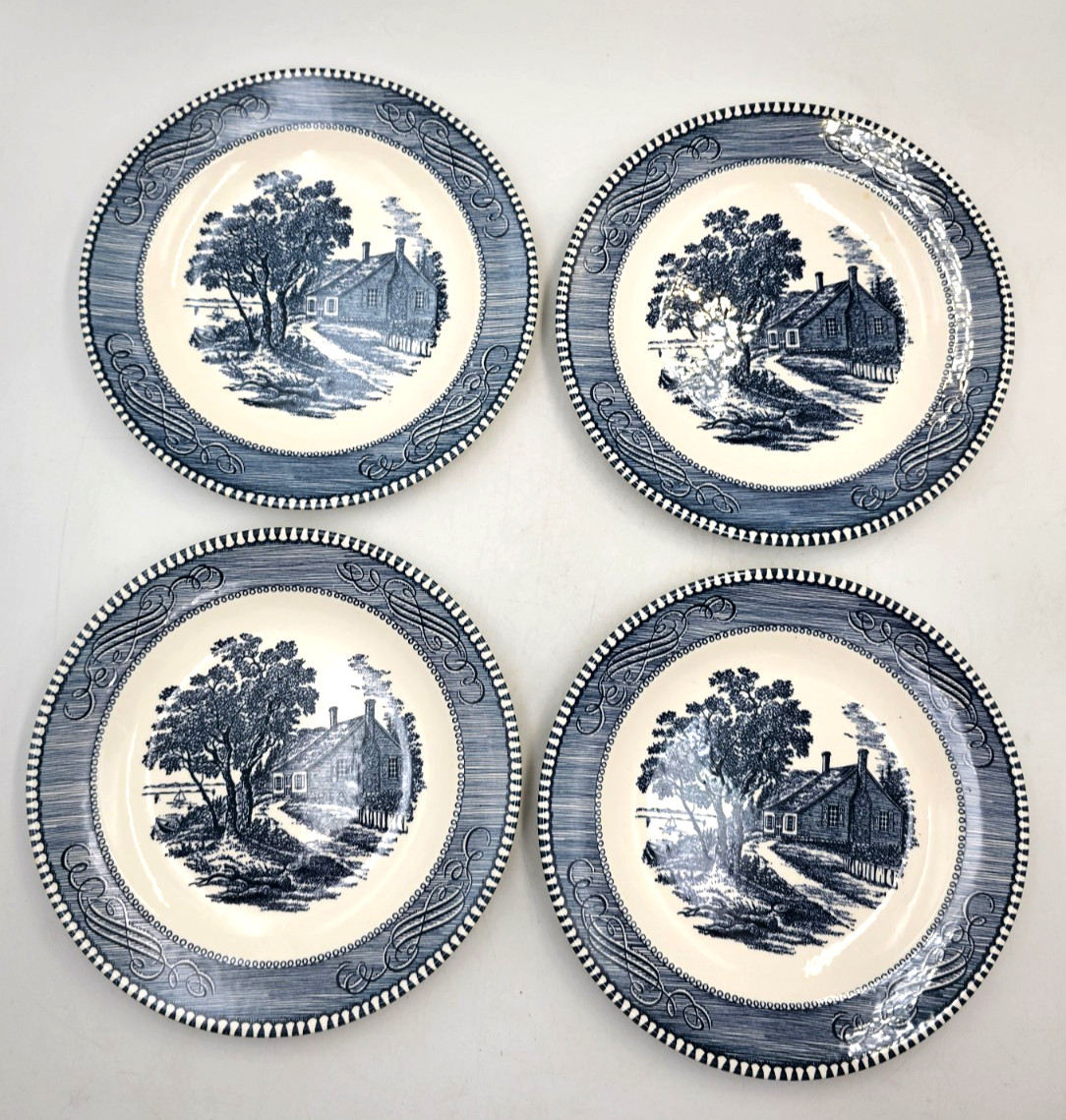 Currier & Ives Blue and White Ceramic Salad Plate 7 ” Country Lot of 4